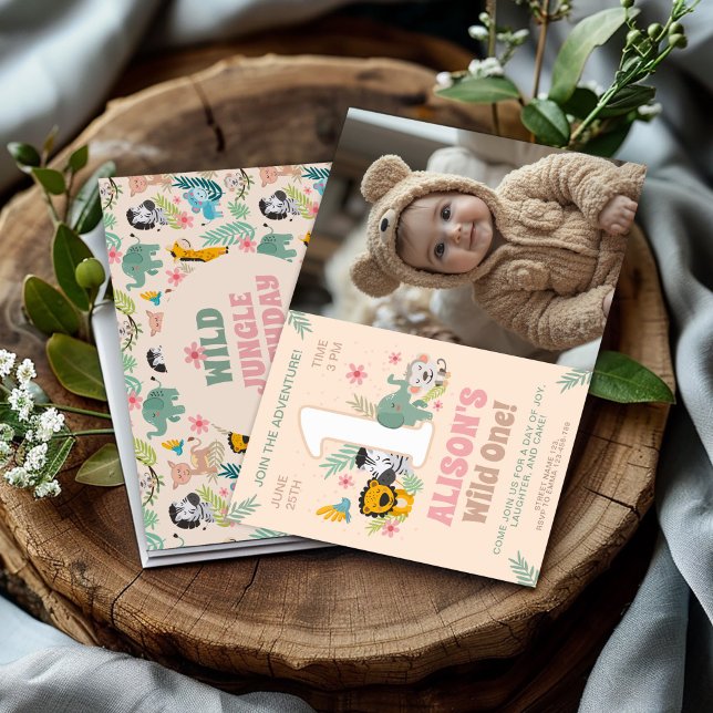 Wild One Jungle Party for Baby Girl with Photo Invitation (Creator Uploaded)