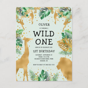 Wild One Jungle Safari 1st Birthday Green Invitation Postcard