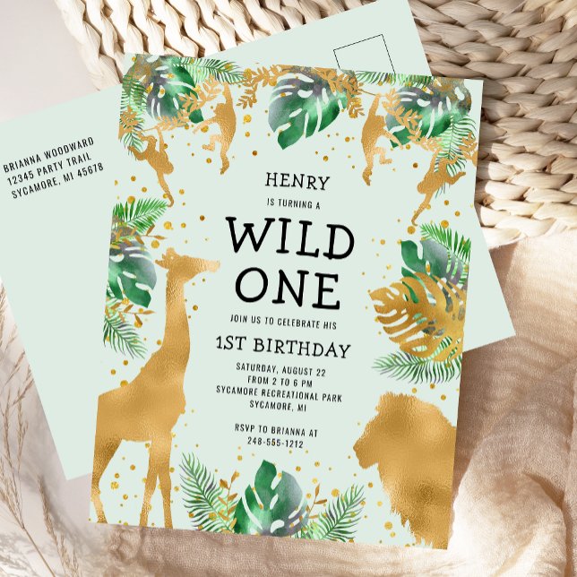 Wild One Jungle Safari 1st Birthday Green Invitation Postcard (Creator Uploaded)