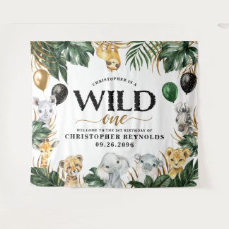 Wild One Jungle Safari 1st Birthday Party Backdrop Tapestry