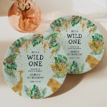 Wild One Jungle Safari 1st Birthday Party Green Paper Plate<br><div class="desc">Celebrate your little wild one's first birthday with these jungle safari themed paper plates,  featuring gold faux foil animals (giraffe,  lion and monkeys),  gold and green jungle foliage,  and a sprinkling of gold confetti. Add your child's name and other custom text in black on a pale green background.</div>