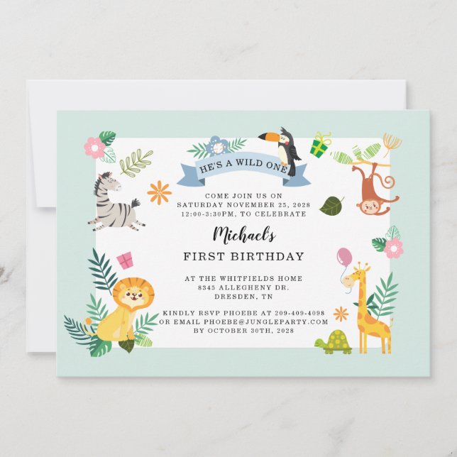 Wild One Jungle Safari Animal 1st Birthday Invitation (Front)
