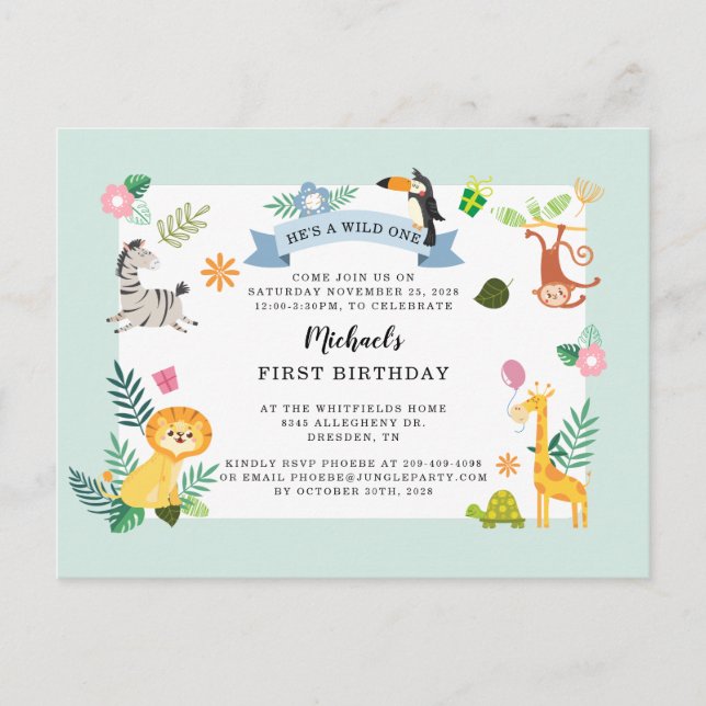 Wild One Jungle Safari Animal 1st Birthday Invitation Postcard (Front)