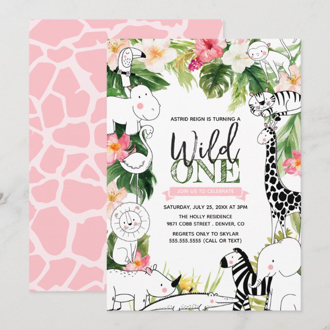 Wild One Jungle Safari Animal Girls First Birthday Invitation (Front/Back)