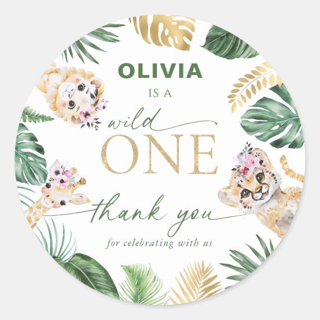 Wild One Jungle Safari Animal Thank You  Classic Round Sticker (Front)