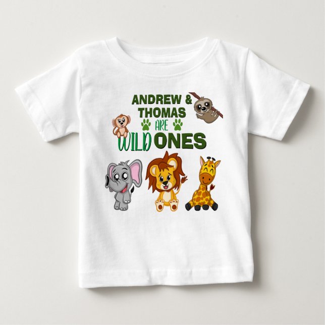 Wild One Jungle Safari Animal Twins First Birthday Baby T-Shirt (Front)