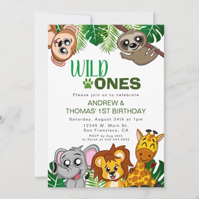 Wild One Jungle Safari Animal Twins First Birthday Invitation (Front)