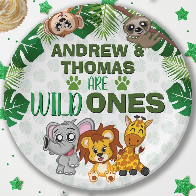 Wild One Jungle Safari Animal Twins First Birthday Paper Plate (Creator Uploaded)