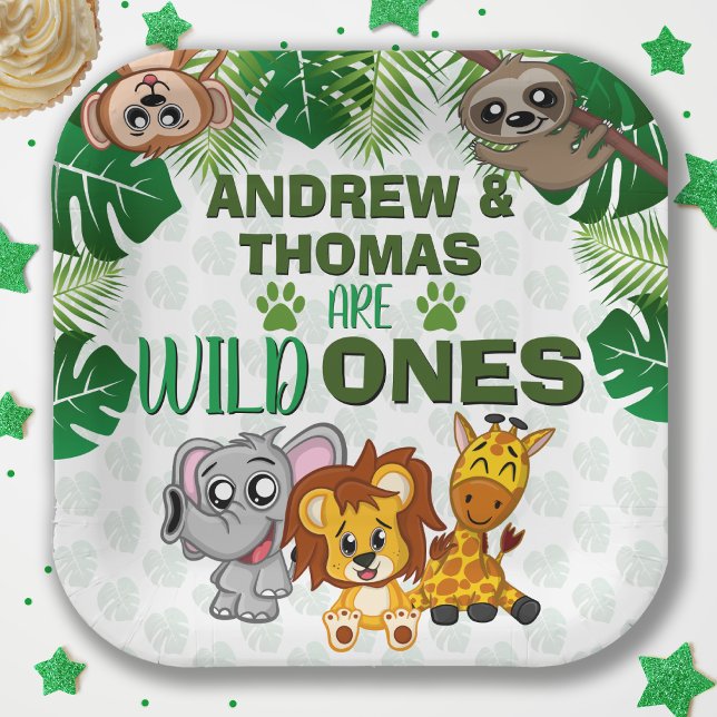 Wild One Jungle Safari Animal Twins First Birthday Paper Plate (Creator Uploaded)
