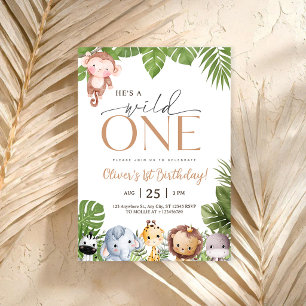Wild One Jungle Safari Animals 1st Birthday Invitation