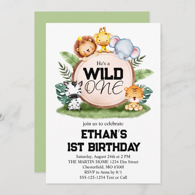 Wild One Jungle Safari Animals 1st Birthday Party  Invitation (Front/Back)