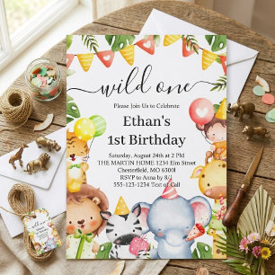 Wild One Jungle Safari Animals 1st Birthday Party Invitation