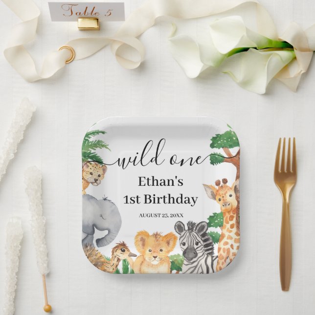 Wild One Jungle Safari Animals 1st Birthday Party Paper Plate (Wedding)