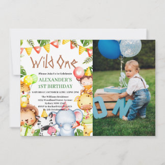 Wild One Jungle Safari Animals 1st Birthday Photo Invitation