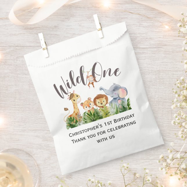 Wild One Jungle Safari Animals 1st First Birthday  Favour Bags (Clipped)