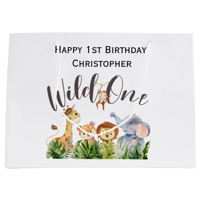 Wild One Jungle Safari Animals 1st First Birthday  Large Gift Bag (Front)