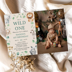 Wild One Jungle Safari Animals Birthday Photo Invitation