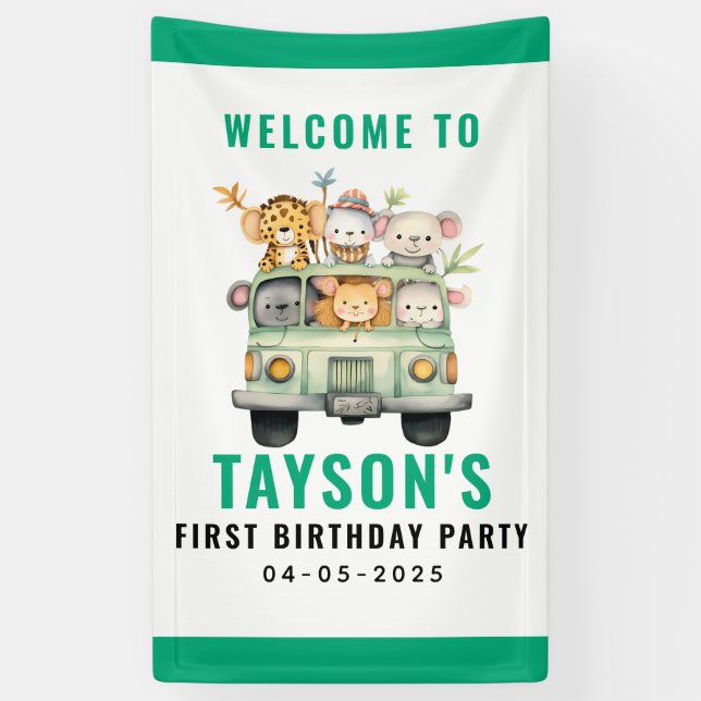 Wild One Jungle Safari Animals Boy 1st Birthday  Banner (Vertical)