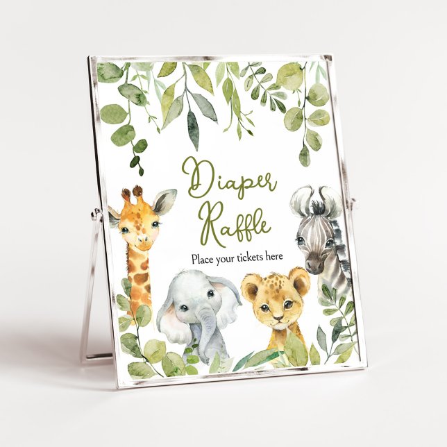 Wild One Jungle Safari Diaper Raffle Poster (Greenery Animals Baby Shower  Diaper Raffle)