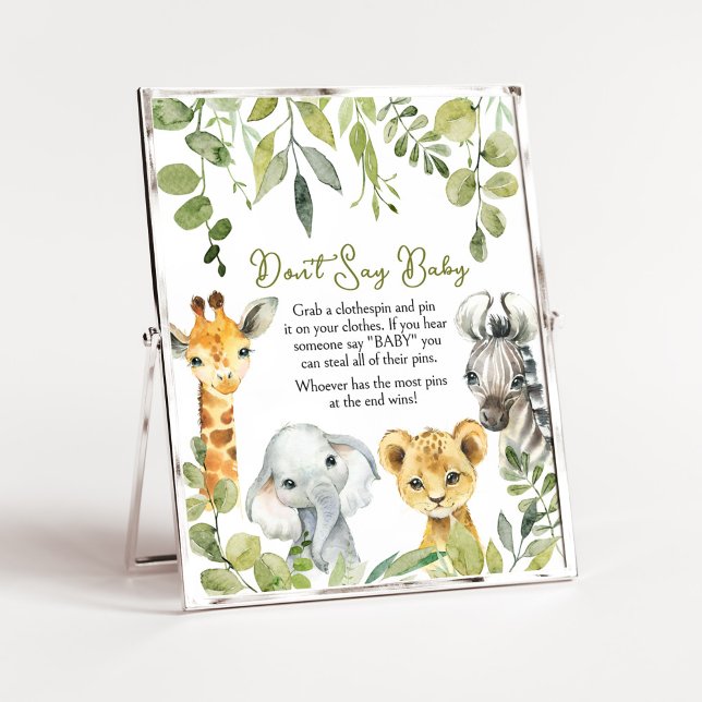Wild One Jungle Safari Don't Say Baby Poster (Greenery Animals Baby Shower  Don't Say Baby Sign)