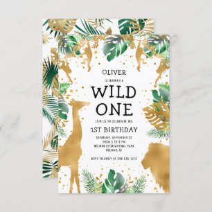 Wild One Jungle Safari Gold Green 1st Birthday Invitation