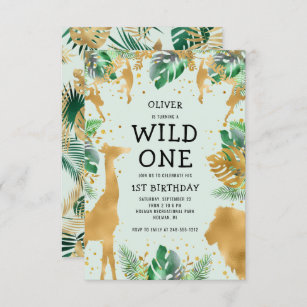 Wild One Jungle Safari Green Gold 1st Birthday Invitation