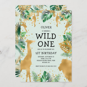 Wild One Jungle Safari Green Gold 1st Birthday Invitation