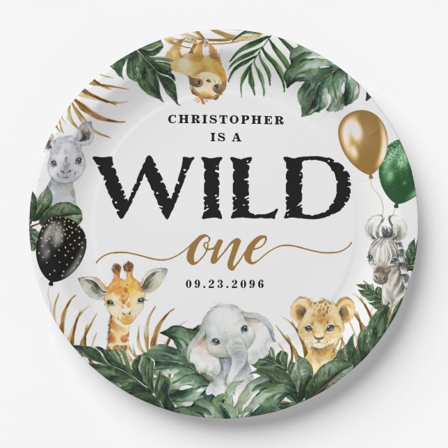 Wild One Jungle Safari Themed 1st Birthday Paper P Paper Plate (Front)