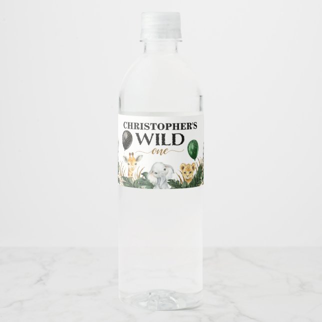 Wild One Jungle Safari Themed 1st Birthday Party Water Bottle Label (Front)