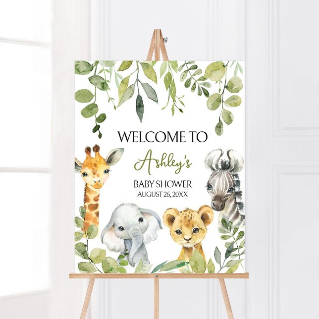 Wild One Jungle Safari Welcome Poster (Greenery Animals Baby Shower  Welcome Sign)