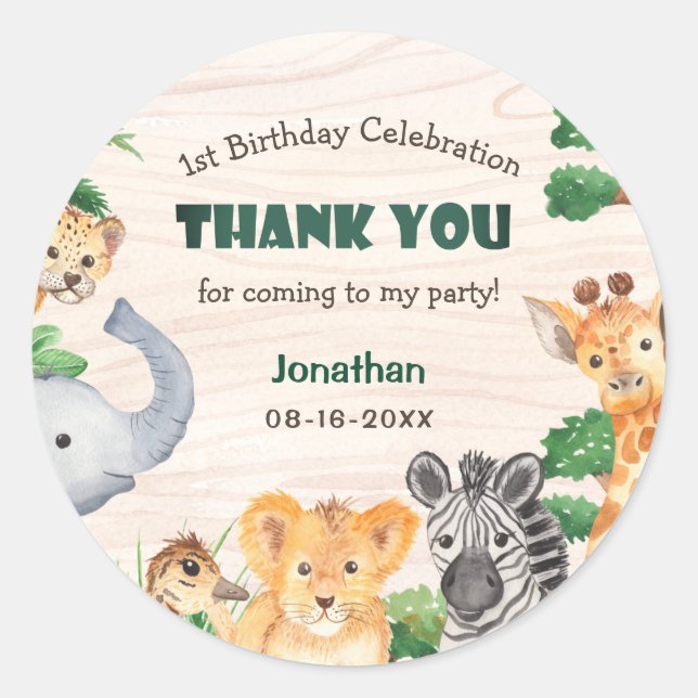 Wild One Jungle Safari Wood Texture Fun Birthday Classic Round Sticker (Front)