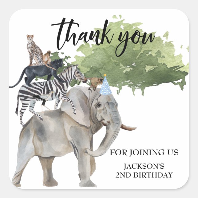 Wild One Jungle Thank you Birthday Favour Elephant Square Sticker (Front)