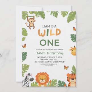 Wild One Jungle Theme 1st Birthday Party Invite