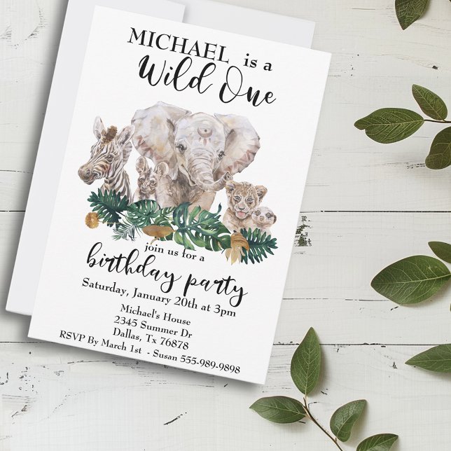 Wild One Jungle Watercolor Elephant Zebra animal Invitation (Creator Uploaded)
