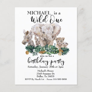 Wild One Jungle Watercolor Elephant Zebra Budget Flyer