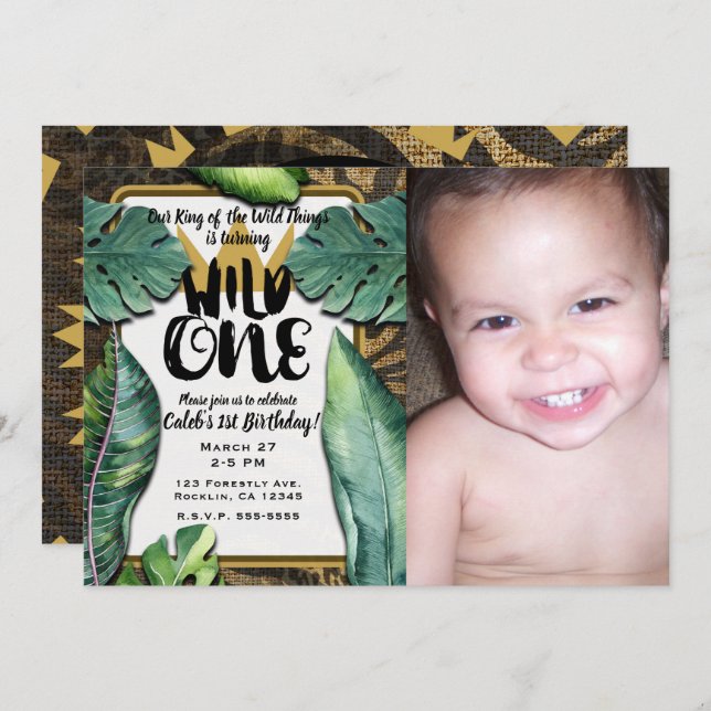 Wild One King of Things Crown 1st Birthday Party Invitation (Front/Back)