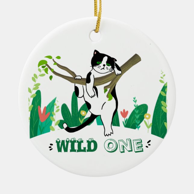 Wild One Kitty Cat Kitten 1st Birthday Invitation Ceramic Tree Decoration (Front)