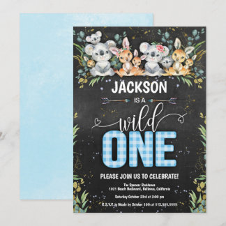 Wild One Koala & Kangaroo Gingham 1st Birthday Invitation