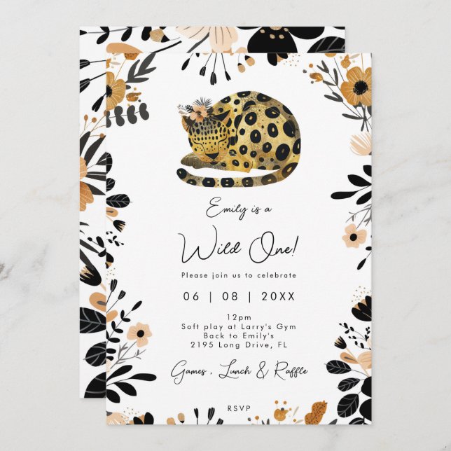 wild one leopard floral 1st birthday invitation (Front/Back)