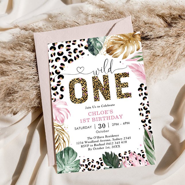 Wild One Leopard Pink Party Animals 1st Birthday Invitation (Creator Uploaded)