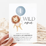Wild One Lion Blue Balloon Boys 1st Birthday Party Invitation<br><div class="desc">Wild One - A cute lion and blue balloon boy's 1st Birthday invitation -  The perfect theme for your little boys first birthday party. Number on balloon can be edited to suit a 2nd birthday or any age!</div>