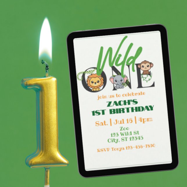 Wild One Lion Elephant Monkey 1st Birthday Minimal Invitation (Creator Uploaded)