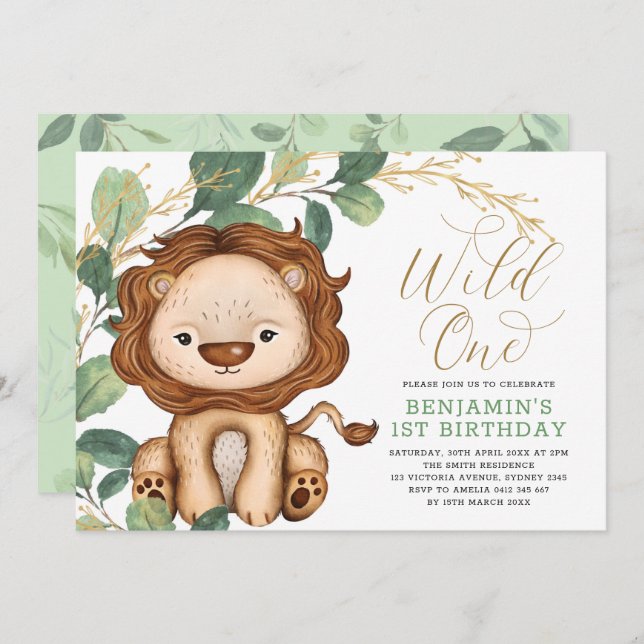 Wild One Lion Greenery Gold 1st Birthday Boy Invitation (Front/Back)