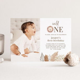 Wild One Lion Neutral Leaves Photo Invitation