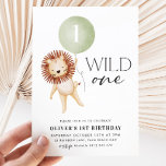Wild One Lion Sage Balloon Boys 1st Birthday Party Invitation<br><div class="desc">Wild One - A cute lion and sage green balloon boy's 1st Birthday invitation -  The perfect theme for your little boys first birthday party. Number on balloon can be edited to suit a 2nd birthday or any age!</div>