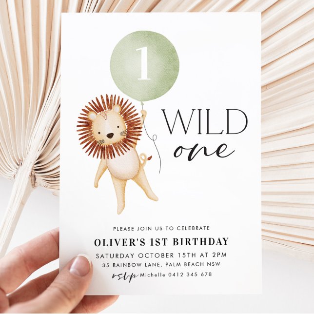 Wild One Lion Sage Balloon Boys 1st Birthday Party Invitation (Creator Uploaded)