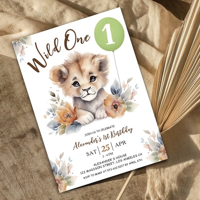 Wild One Lion Sage Green Balloon 1st Birthday Boy Invitation (Creator Uploaded)