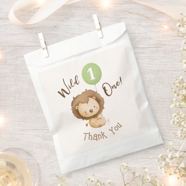 Wild One Lion Sage Green Balloon Boy 1st Birthday  Favour Bags (Clipped)