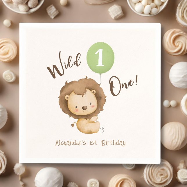 Wild One Lion Sage Green Balloon Boy 1st Birthday Napkin (Creator Uploaded)