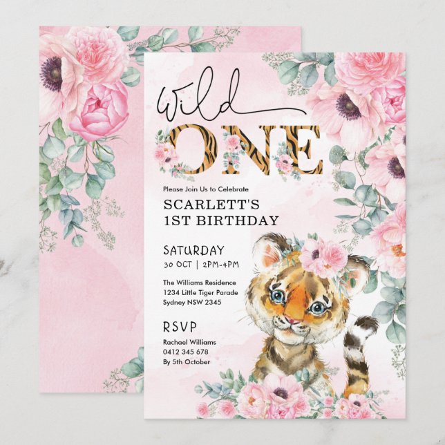 Wild One Little Tiger 1st Birthday Pink Floral Invitation (Front/Back)